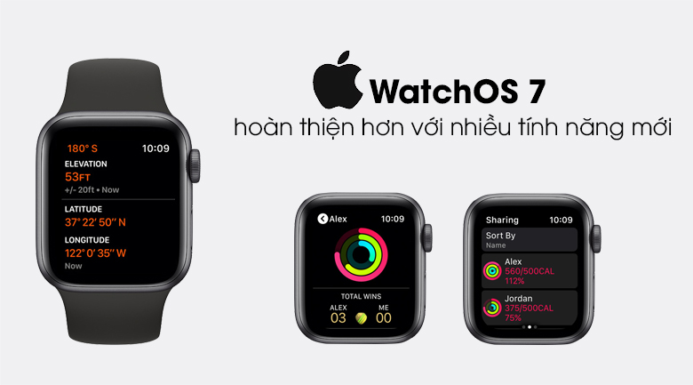 Apple Watch SE 44mm viền nhôm dây cao su chạy hệ điều hành watchOS 7.0