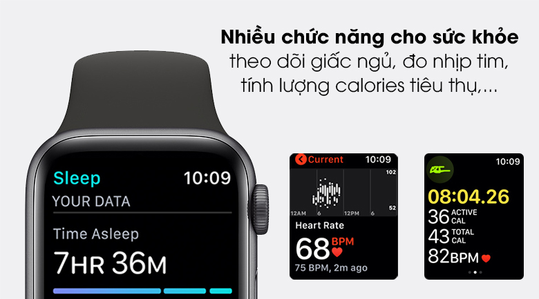 Apple Watch SE 44mm viền nhôm dây cao su giúp theo dõi tình trạng sức khỏe liên tục