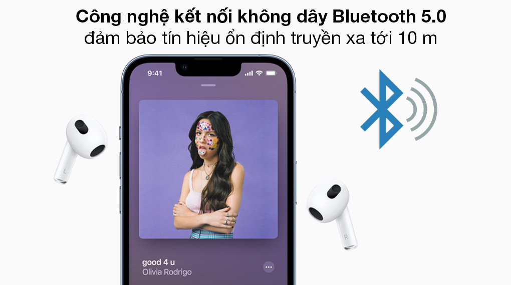 Tai nghe Bluetooth AirPods 3 Apple MME73 Trắng - Kết nối tức thì với phạm vi hoạt động đến 10 m nhờ công nghệ Bluetooth 5.0