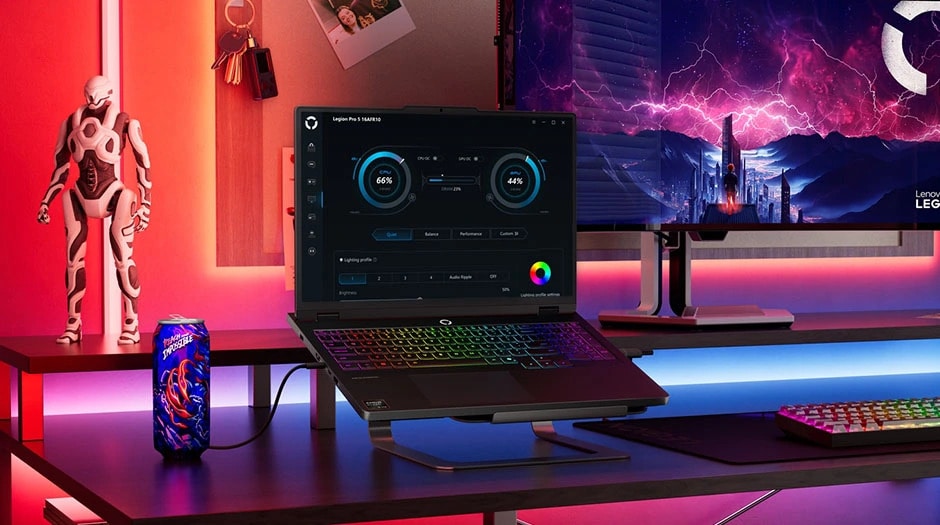 Highlights Legion Pro 5 Gen 10’s customizable performance and RGB lighting via Lenovo Vantage.